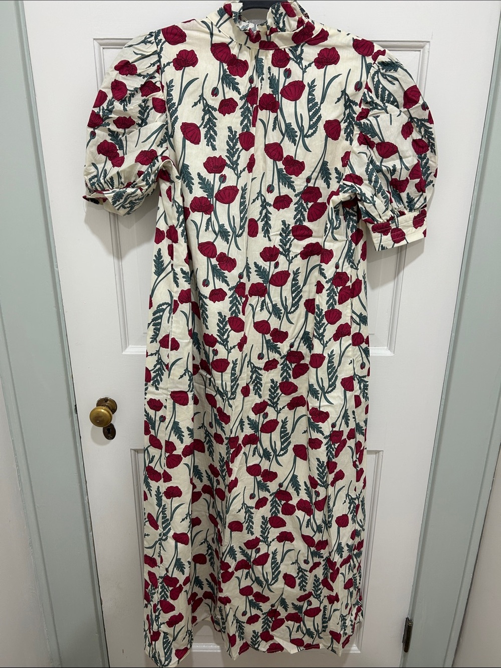 Puff-Sleeve Maxi Dress in Cream with Red Floral Print - Picture 5 of 5